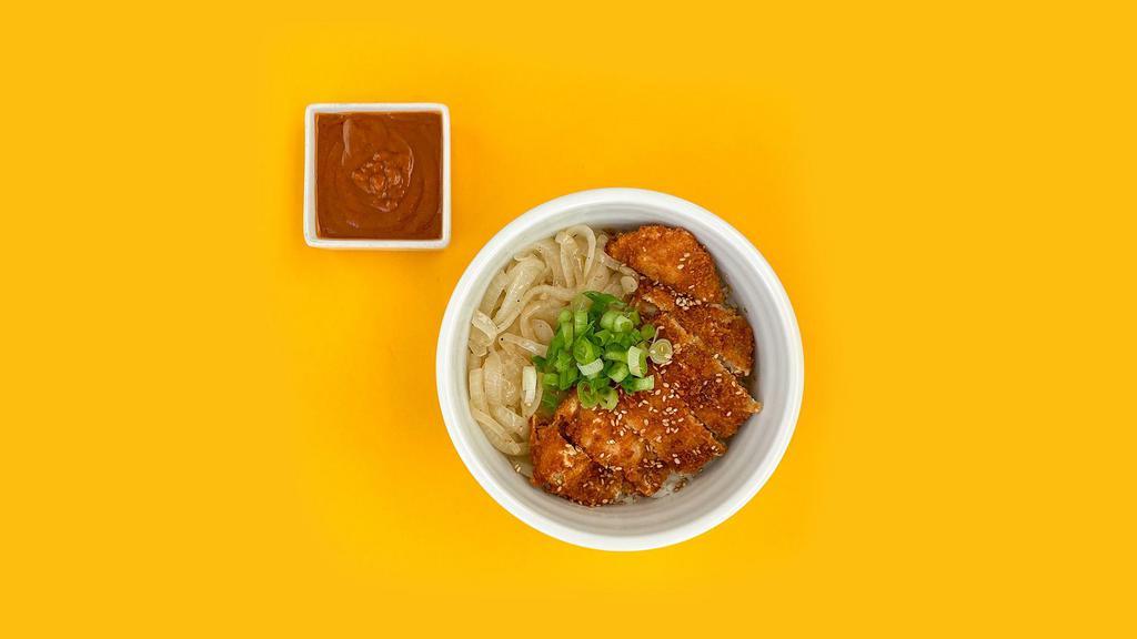 Crispy Chicken Katsu Bowl · panko breaded chicken cutlet + rice // topped with caramelized onions, scallions, sesame seeds / side of katsu sauce