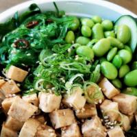 Vegetarian Bowl · Tofu, mixed greens, seaweed salad, edamame, cucumber, green onion, sesame seeds, house sauce.