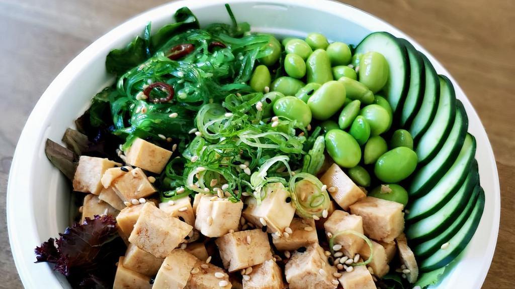 Vegetarian Bowl · Tofu, mixed greens, seaweed salad, edamame, cucumber, green onion, sesame seeds, house sauce.
