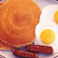 Pancake Special · Two homemade pancakes, two bacon or sausage, and two eggs.