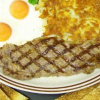 Steak & Eggs · Golden hash browns, toast, two eggs and house marinated and cut ribeye steak.