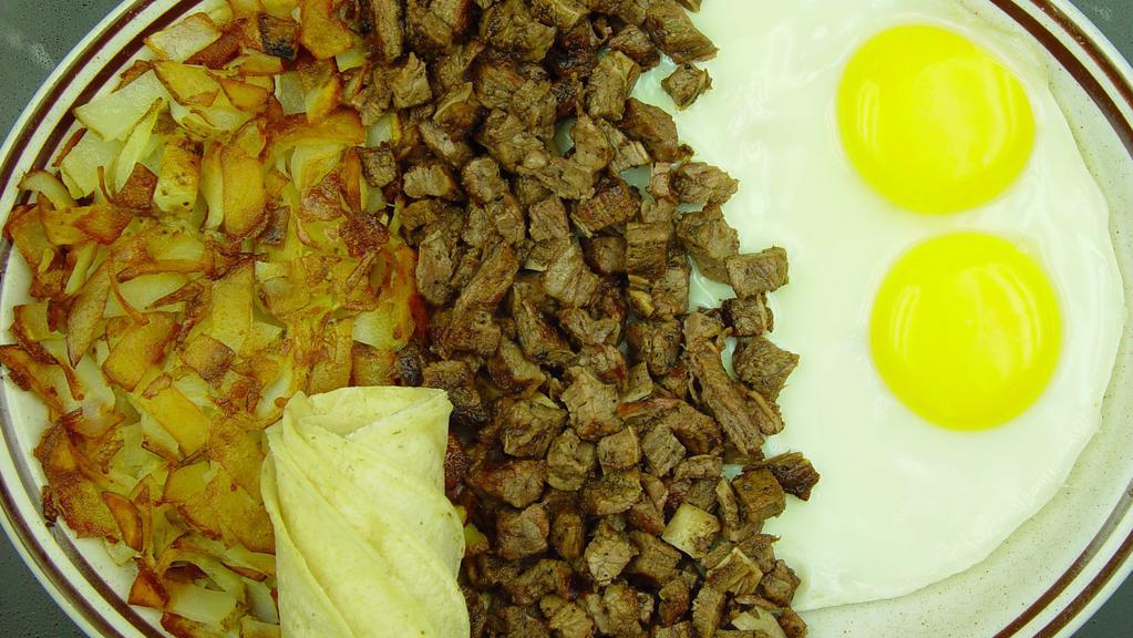 Carne Asada & Eggs · Golden hash browns, beans, tortillas or toast, two eggs with house marinated carne asada.