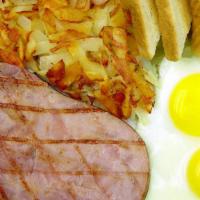 Ham & Eggs · Golden hash browns, toast, two eggs and fresh cut ham.