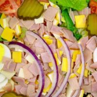 Chef Salad · Deli cut turkey, ham, Swiss cheese and American cheese on fresh chopped lettuce with tomato,...
