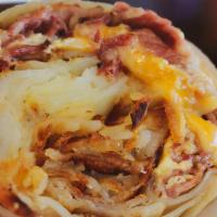 Pastrami & Egg Burrito · Our warm flour tortilla filled with scrambled eggs, homestyle potatoes, jack and cheddar che...