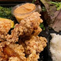 Chicken (Jidori)Karaage Bento · Deep Fried chicken thigh meat bento. side of spicy mayo.
Side of spinach with sesame sauce, ...