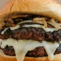 Mushroom Double Cheeseburger · Certified Angus Beef.  Two patties with sautéed mushrooms, grilled onions, mayonnaise, and m...