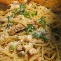 Spicy Pasta · Linguine, cilantro, green onion, garlic, & spicy lemon sauce topped with parmesan cheese.
