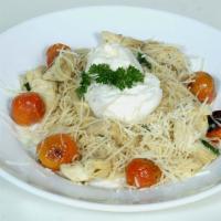 Cara Mia Angel Hair · Sautéed in olive oil and garlic with oven-roasted cherry tomatoes, artichokes heart, and bur...