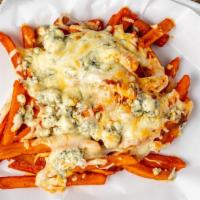 Buffalo Fries · Sautéed in buffalo sauce with chicken. Topped with Jack cheese and bleu cheese crumbles.