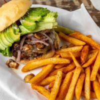 The Gastroburger · Double niman ranch beef patties with Jack cheese, sautéed onions, mushrooms, and fresh avoca...
