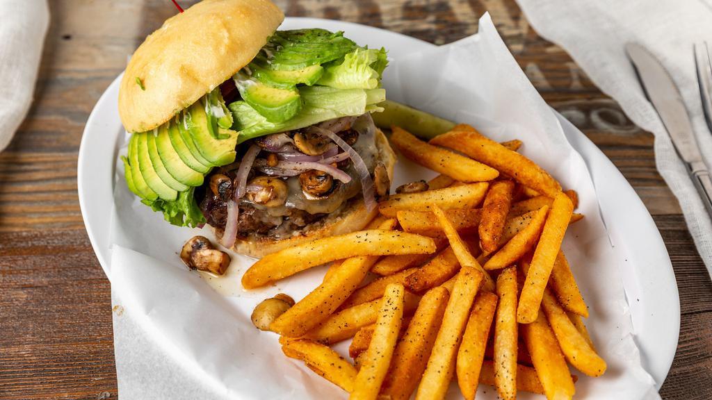 The Gastroburger · Double niman ranch beef patties with Jack cheese, sautéed onions, mushrooms, and fresh avocado with fries.