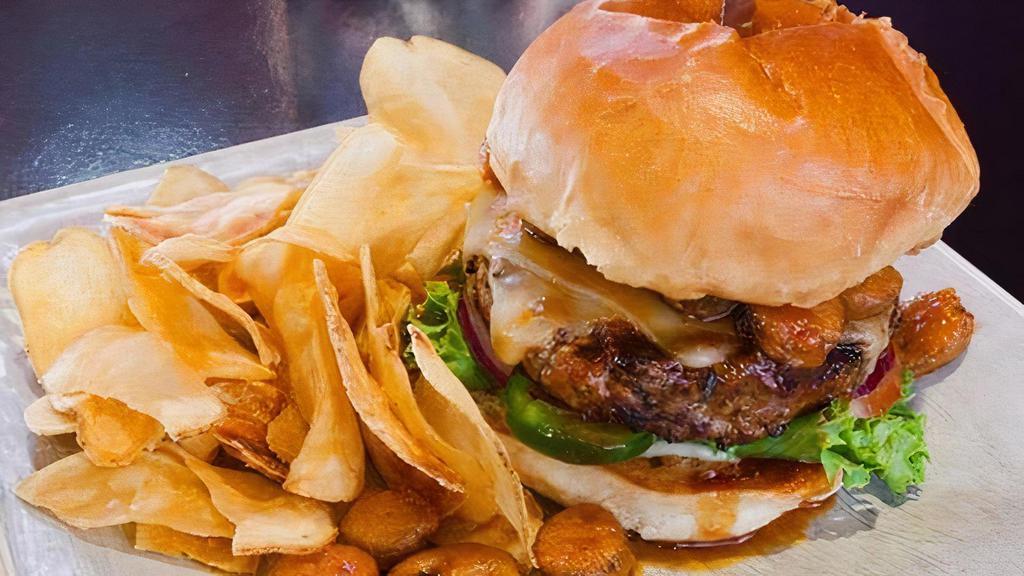 Spicy Bourbon Burger · Swiss cheese, jalapeno bottle caps tossed in our JWI Honey Bourbon wing sauce, chipotle mayo, topped with sliced jalapenos, red onion, lettuce & tomato