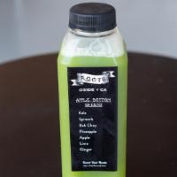 Apple Bottom Greens · Kale, Spinach, Bok Choy, Pineapple, Apple, Lime, Ginger.