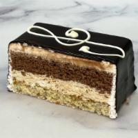 Opera · Layers of chocolate, almond and vanilla sponge cakes. Filled with chocolate and mocha butter...