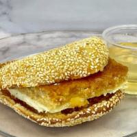 Knafeh Sandwich · Our famous Knafeh Jibne (melted cheese, semolina dough and sugar syrup) wrapped in our homem...