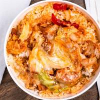 Rt Spicy Chicken Rice Bowl · RT chicken, special house sauce, cheese, onions, bell peppers, cabbage.