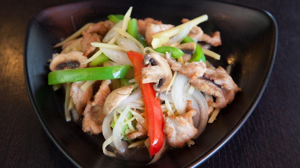 Fresh Ginger And Onion · Choice of meat with fresh ginger, onion, bell pepper, and mushroom in special sauce.