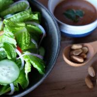 Jetta Salad · Vegan, Gluten free. Romaine lettuce, cucumber, red onion, red bell pepper, mint, peanut dres...