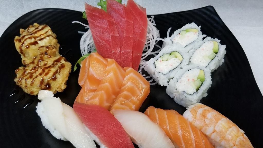 Sushi & Sashimi Mix · 5 pcs nigiri sushi, 4 pcs California roll, 3 pcs tuna sashimi, 3 pcs salmon sashimi, 2 pcs spicy tempura roll.