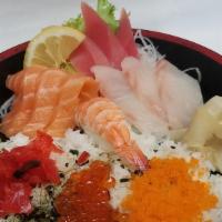 Chirashi · sashimi on rice bowl.