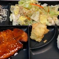  (Lunch ) Salmon Teriyaki  · Lunch - Salmon Teriyaki , rice , miso soup , lettuce salad
1pcs orange and 1 pcs spicy tempu...