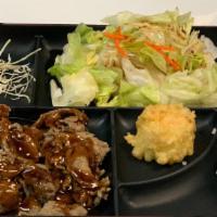 ( Lunch ) Beef Teriyaki  · Lunch - Beef Teriyaki , rice , miso soup , lettuce salad
1pcs orange and 1 pcs spicy tempura...
