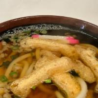 Miyako Udon · Seaweed, fish cake, bean sprout, green onion, fried tofu over noodles in hot broth.