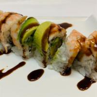 Tiger Roll · Shrimp tempura, avocado, cucumber w/ shrimp on top.