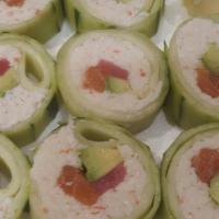 White Cucumber Roll · No rice. In: Crabmeat, tuna, salmon, avocado, Out: cucumber wrap.