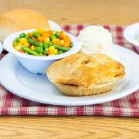 World Famous Pie Dinner · includes 4 inch pie, daily veg, whip potato, roll, coleslaw and a slice of dessert pie. 4 oz...