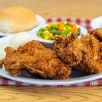 Fried Chicken Dinner · includes a breast,leg, wing and thigh. Whip potato, daily veg or cole slaw, roll and slice o...