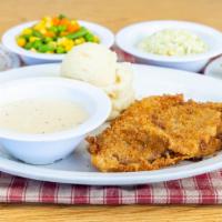 Country Fried Steak Dinner · Served with whipped potatoes, daily veg or coleslaw, soup, roll and a slice of dessert pie.