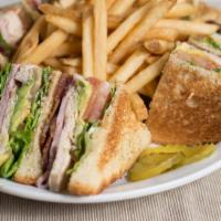 Pie Shop Club Sandwich · stacked to the max with house roasted turkey, bacon, lettuce, tomato, and avocado on choice ...
