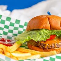 Cheese Burger Single · Beef patty, lettuce, tomato, pickle, onion, cheese.