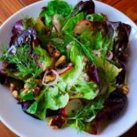 Garden Lettuces & Radish Vinaigrette · Vegan. Radish vinaigrette, fresh dill, walnuts, and shallots.
