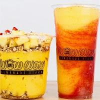 Mangonada Lemonade · Frozen Lemonade with Mango, Strawberry, Cayenne, Tajin, and Lime.