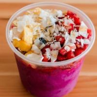 Superfruit Pitaya · Crafted with Coconut Water, Pitaya, Banana, and Pineapple. Topped with GF Granola, Strawberr...