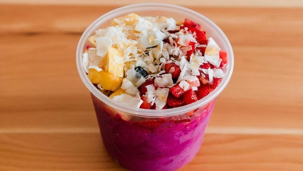 Superfruit Pitaya · Crafted with Coconut Water, Pitaya, Banana, and Pineapple. Topped with GF Granola, Strawberry, Blueberry, Pineapple, Coconut Chips, and Honey.