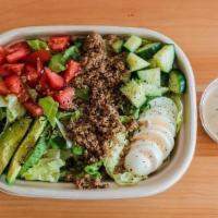 Cobb Grain Bowl · Crafted with Mixed Greens, Avocado, Hard Boiled Egg, Cucumber, Tomato, Red & White Quinoa, E...