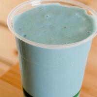 Blue Hawaii Smoothie · Crafted with Almond Milk, Banana, Pineapple, Mango, Coconut Butter, Date, and Blue Spirulina.