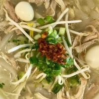 Chicken Noodle Soup · Halal Chicken Noodle soup with vermicelli or ramen noodle, shredded chicken, & quail egg, to...