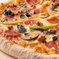 Fugget About It Pizza · Pepperoni, house made hot sausage, mushroom, red onion, peppers, olives, mozzarella, and tom...