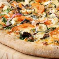 Farmers Pizza · Zucchini, red onion, tomato, eggplant, spinach, basil, goat, and mozzarella.