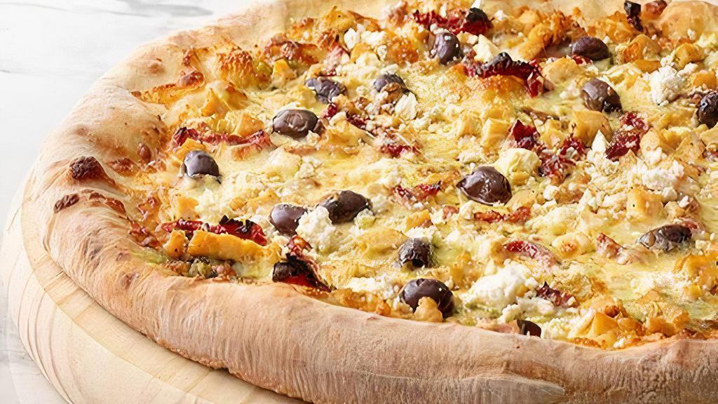 It'S All Greek To Me Pizza · Chicken, sun dried tomato, garlic, kalamata olive, feta, mozzarella, and pesto.