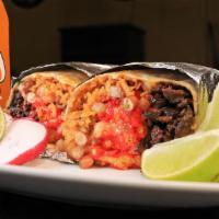 Hot Cheeto Burrito · Choice of meat Rice, Beans, Onion, Cilantro, Shredded Cheese, Cheese Sauce, Hot Cheetos