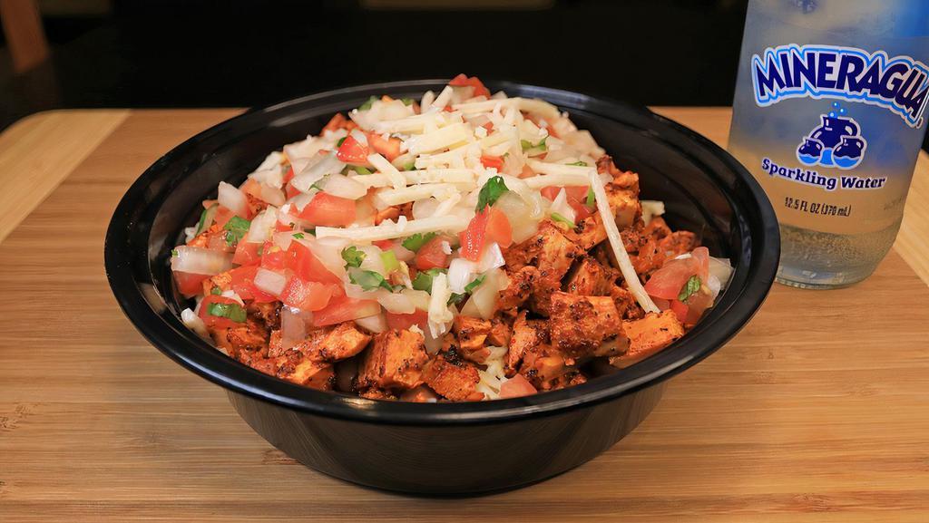 Bowl · Choice of meat, rice, beans, monterey jack cheese, pico de gallo, and salsa.