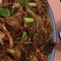 Mongolian Beef · Hot and spicy. Beef sautéed with onions and chili peppers