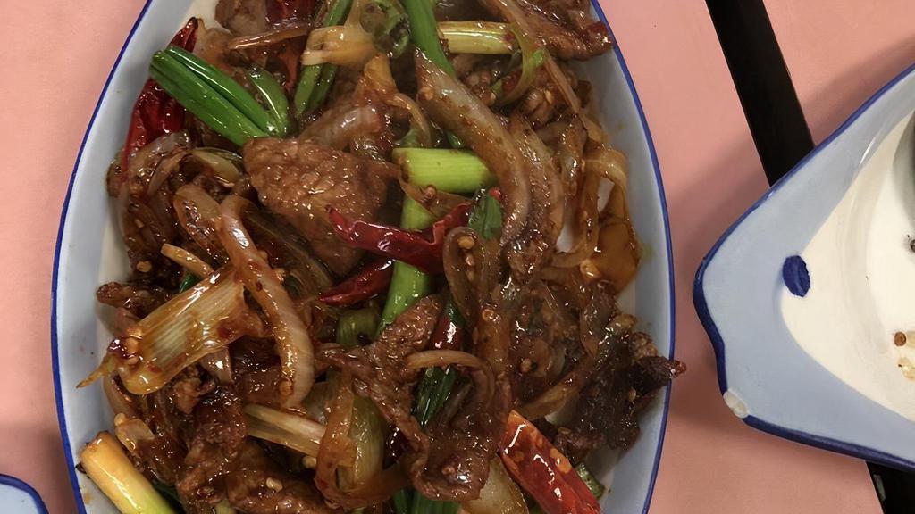 Mongolian Beef · Hot and spicy. Beef sautéed with onions and chili peppers