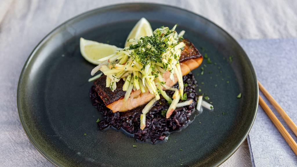 Pan-Seared Salmon · Soy ginger salmon, black coconut rice, and apple slaw.